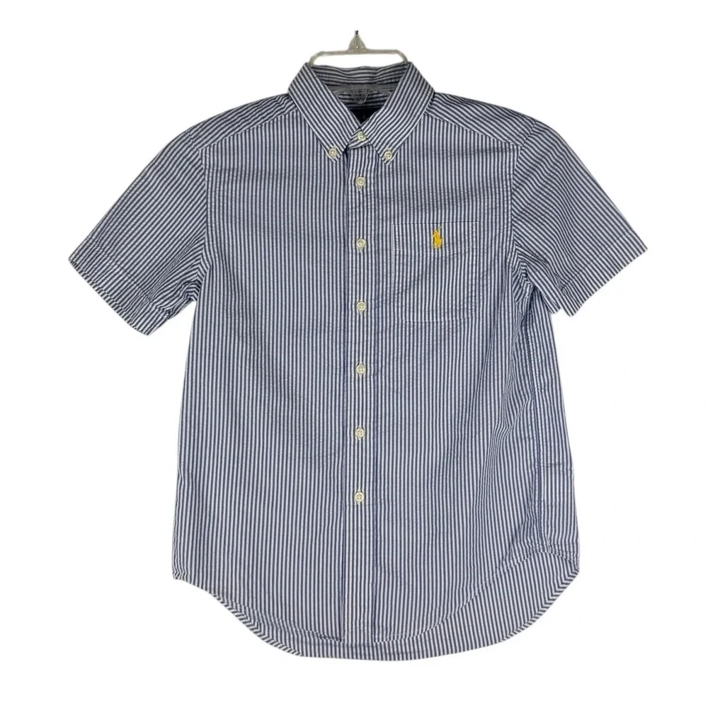 Ralph Lauren Boys Blue White Striped Short Sleeve Button Down Shirt Size 8 S/P